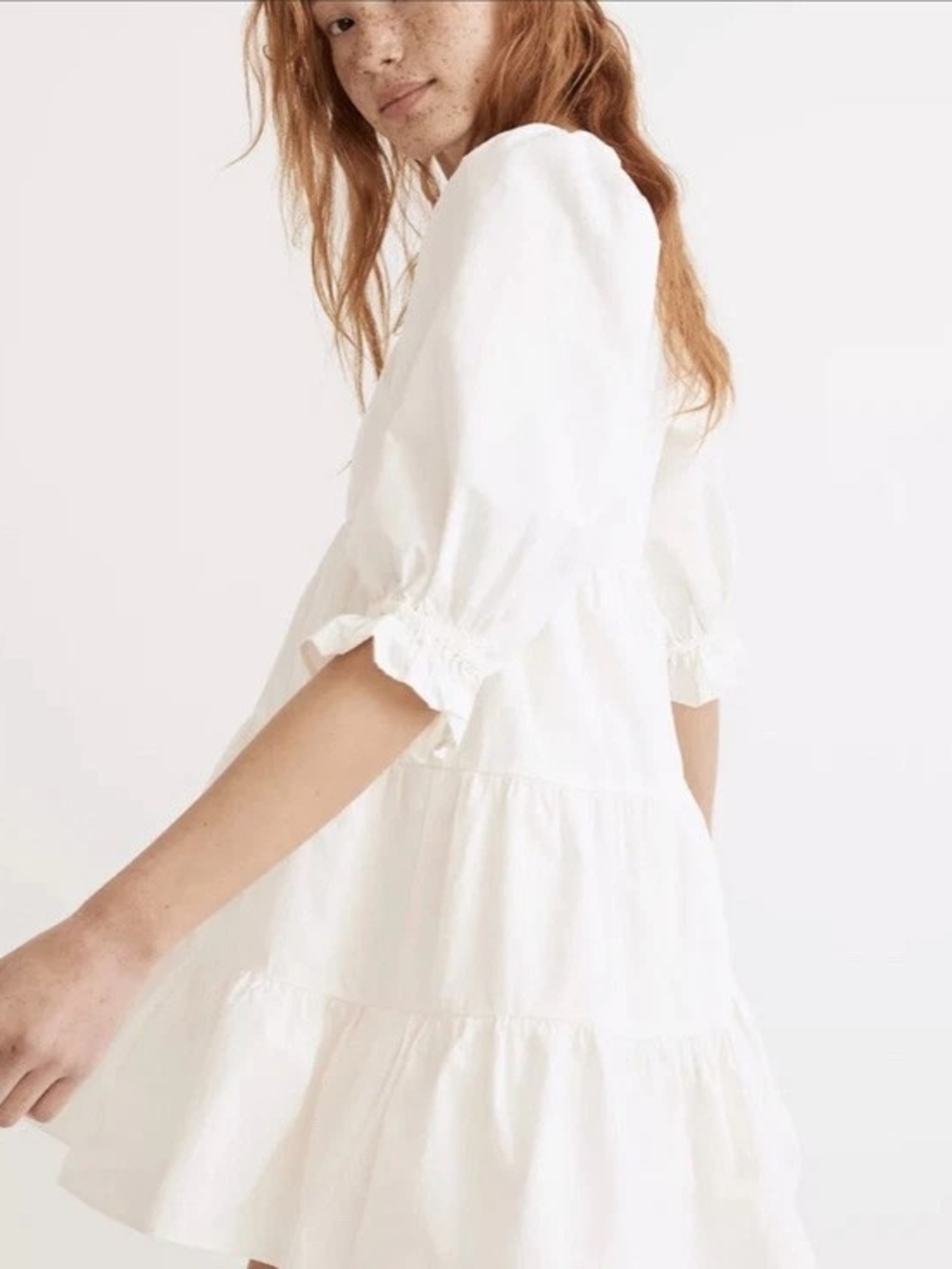 MADEWELL Lizzie Poplin Off White Tiered Puff Sleeve Dress - Women's - Size 8